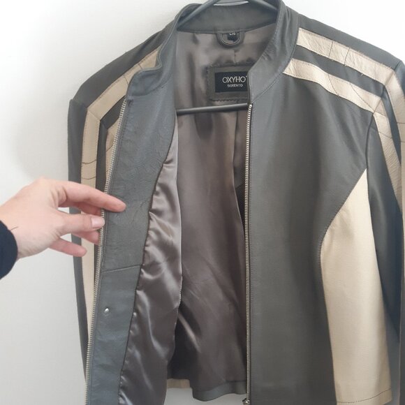 OXYHO Sorento Large Women's Genuine Leather Coat, Two-Tone Olive/Grey + Beige - Picture 13 of 16